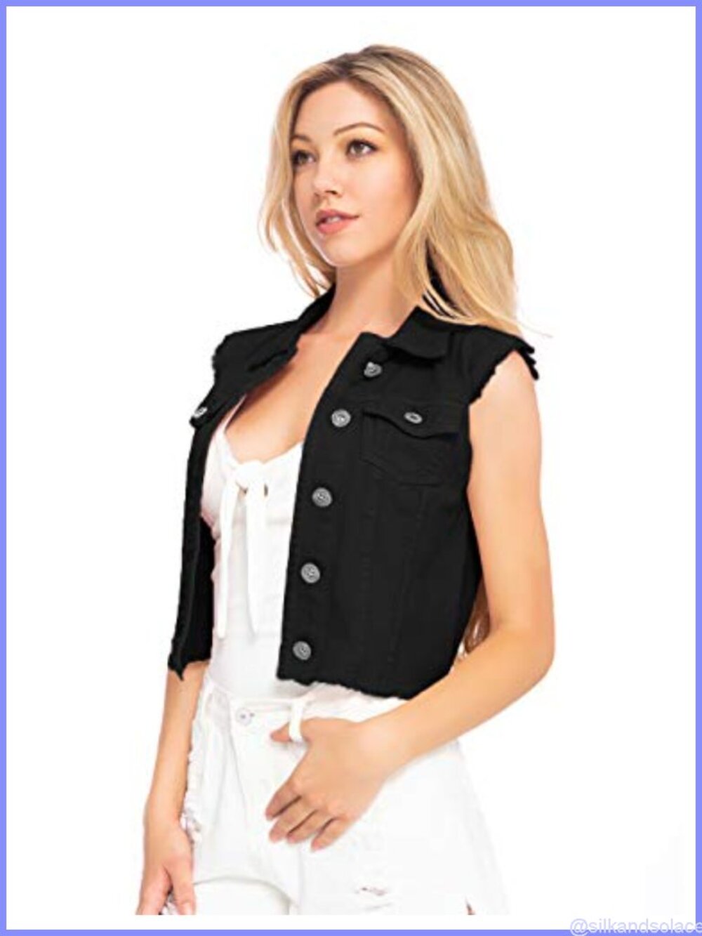 Distressed Denim Sleeveless Crop Vest with Button Front and Flap Pockets